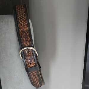 Detailed Brown Leather Belt with Silver Buckle